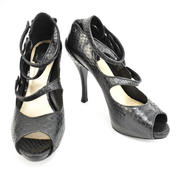 DIOR: Black, Leather "Python" Peep-Toe Heels/Pumps - Picture 1 of 8